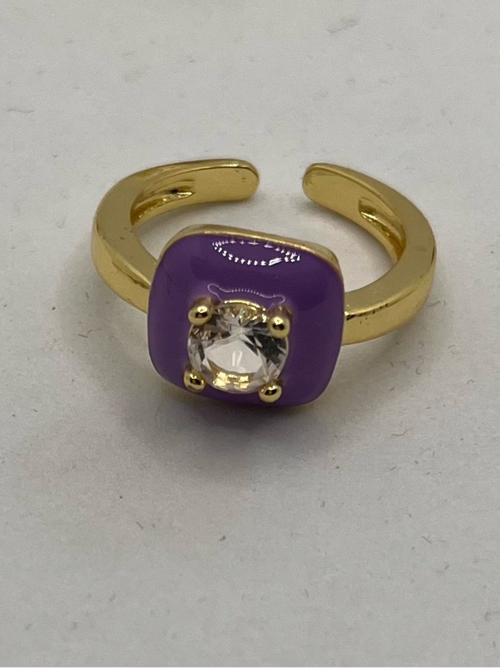 Gold-Tone Ring with Lilac Enamel and Clear Stone - Women's Jewelry